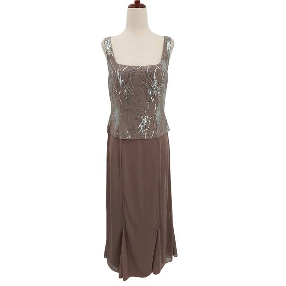 ALEX EVENINGS SZ 1O L tan silver sequin sleeveless party midi dress new B48 - Picture 1 of 7